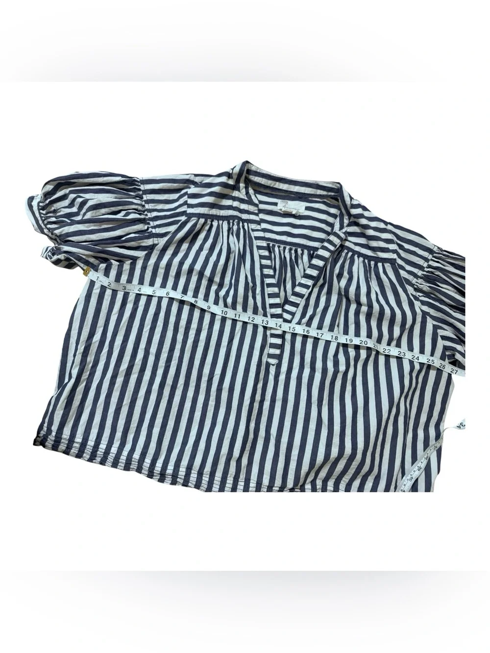 Anthropologie Navy & White Striped V-Neck Puff Sleeve Blouse